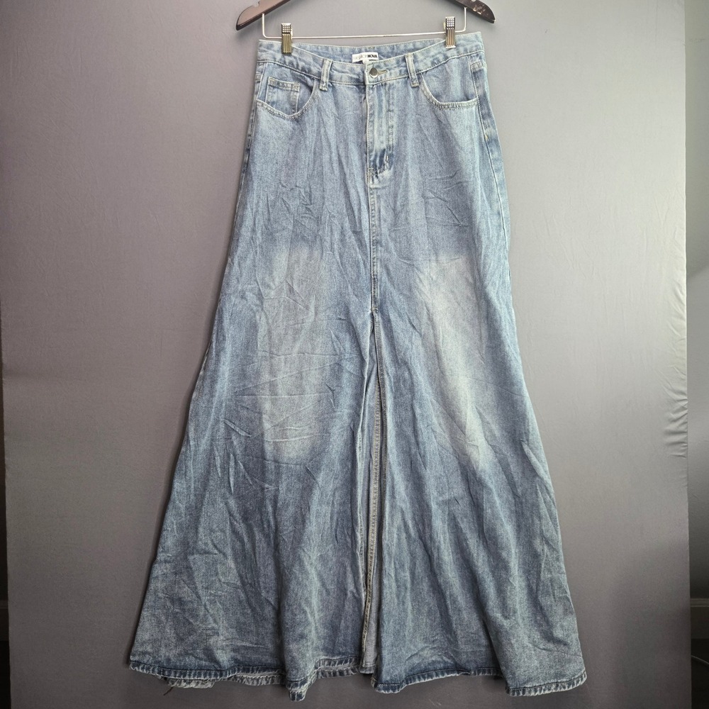 Fashion Nova Denim Maxi Skirt XL Blue Light Wash High Rise Long Jean Skirt Flare
